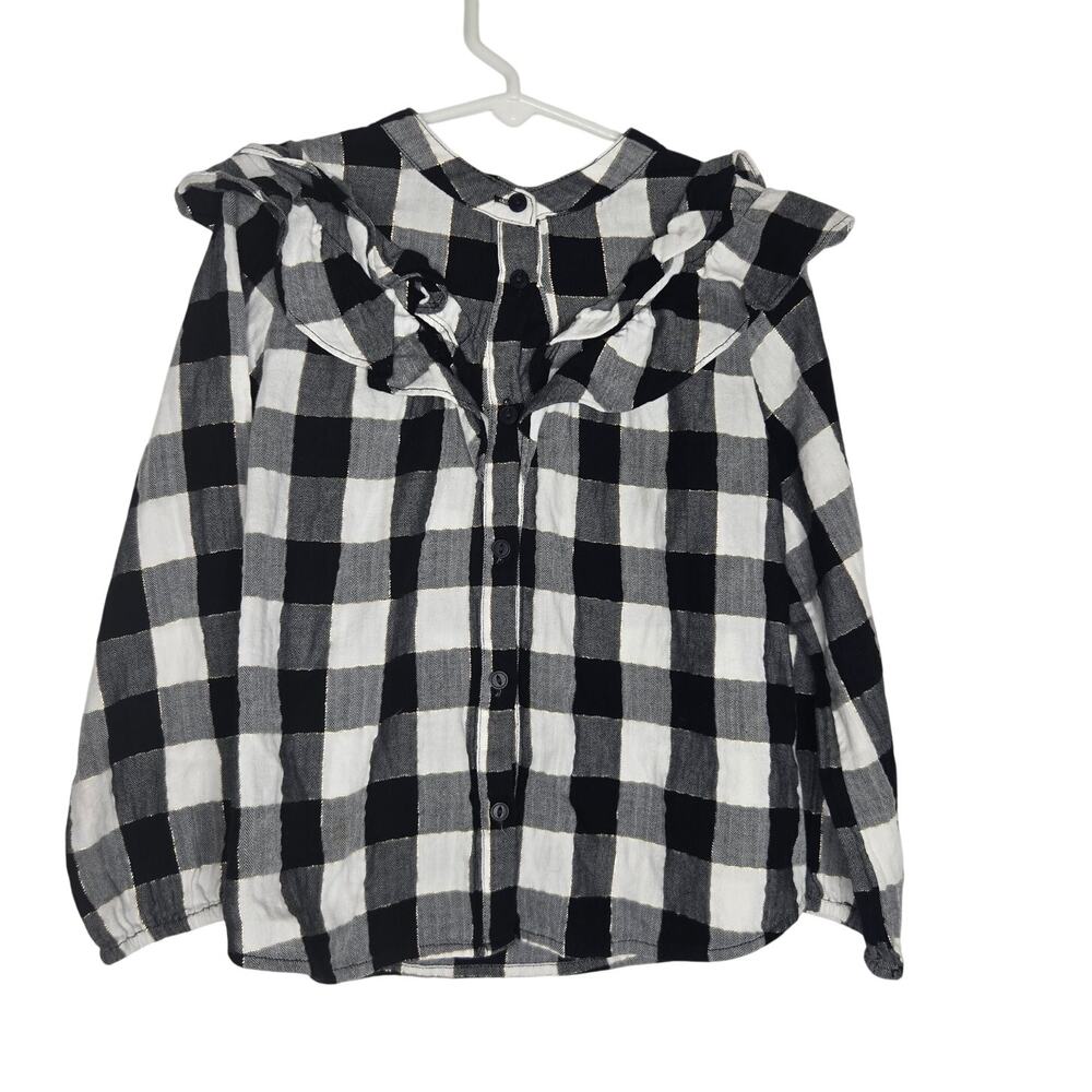 Crewcuts Girls Buffalo Plaid Top Size 8 Ruffle Trim Black White School Basics